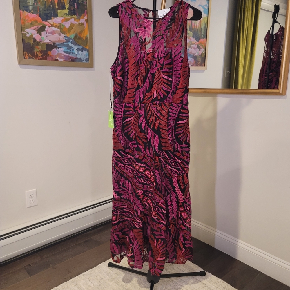 NWT SAM EDELMAN Laurel Leaf Embroidered Midi Dress Dark Pink Size 14 - Picture 4 of 14
